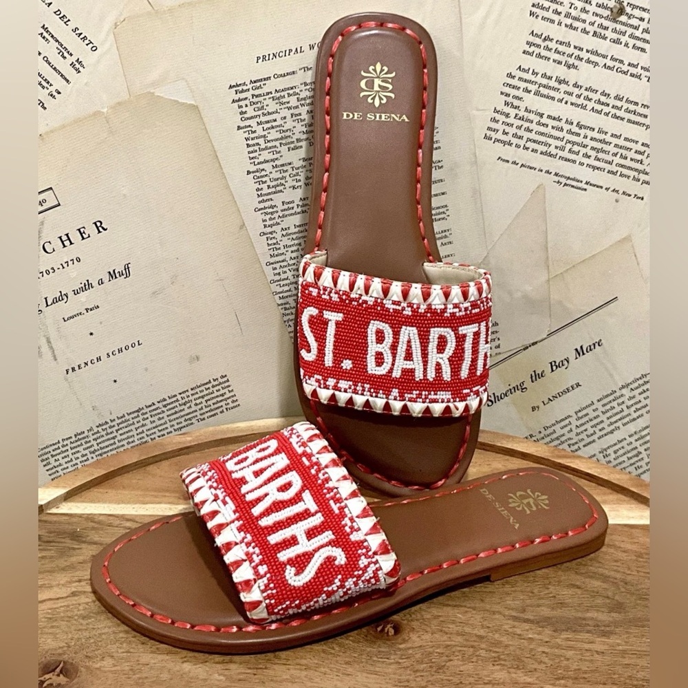 Anthropologie De Siena Destination Beaded Slide Sandal St. Barths Orange Ivory